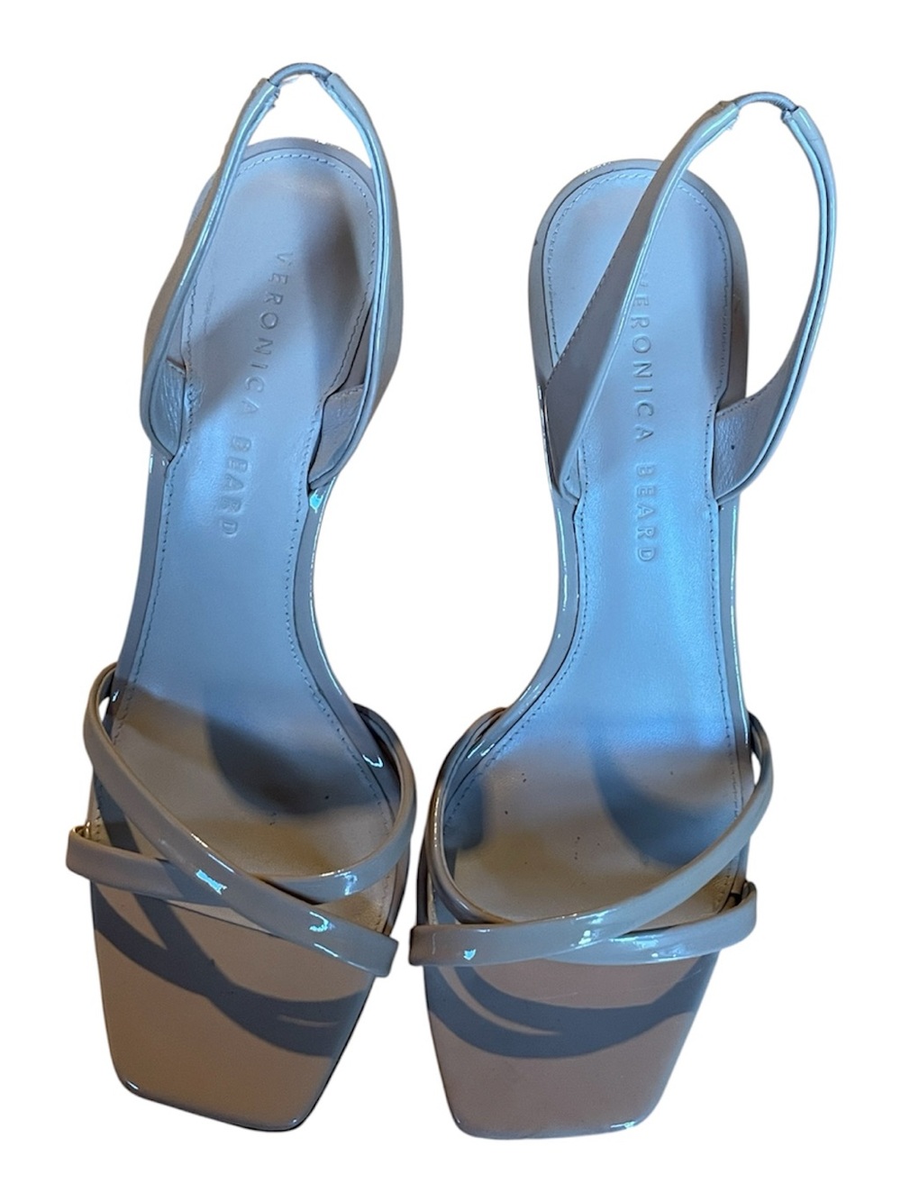 Veronica Beard Light Beige Patent Square-Toe Slingback Heels